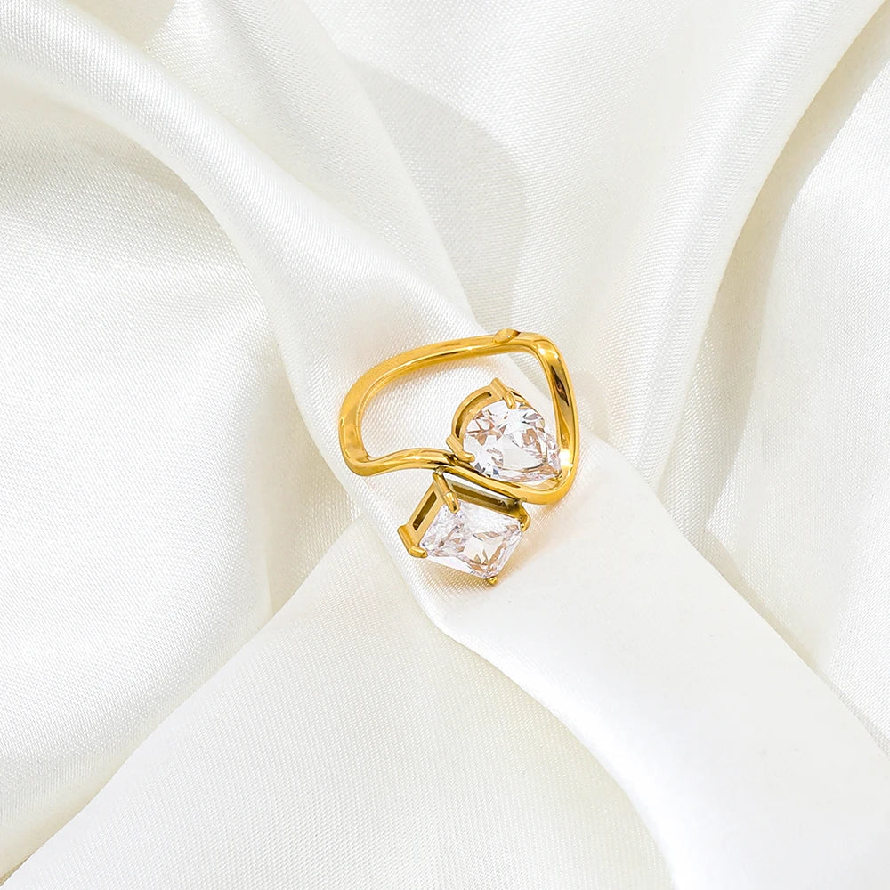 18K Gold Plated Ring with Water Drop Rectangle Zircon