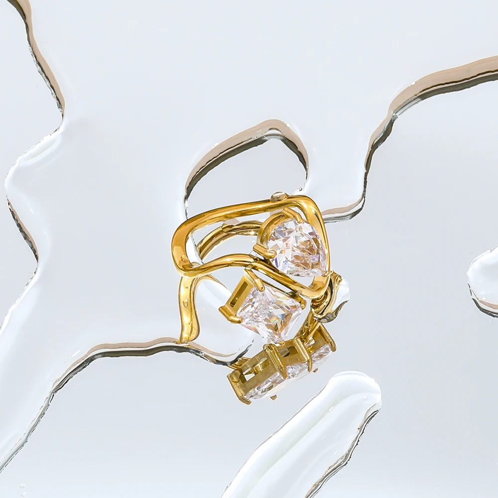 18K Gold Plated Ring with Water Drop Rectangle Zircon