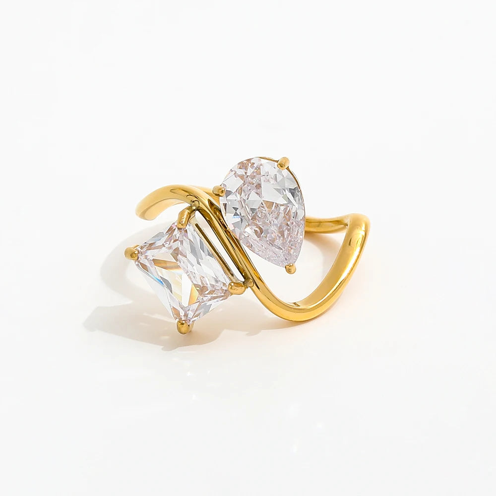 18K Gold Plated Ring with Water Drop Rectangle Zircon