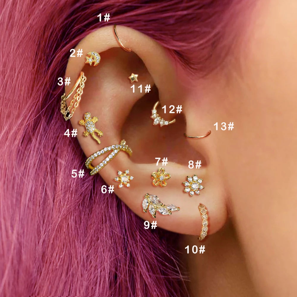 Tragus Snowflake Earrings Conch, Helix, Rook, Lobe, Zircon, Cartilage