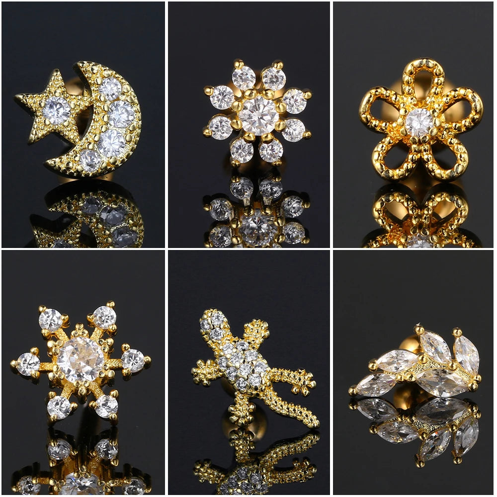 Tragus Snowflake Earrings Conch, Helix, Rook, Lobe, Zircon, Cartilage