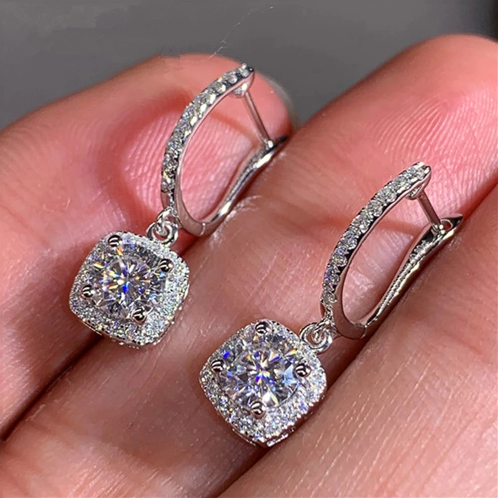Sterling Silver Square Crystal Statement Drop Earrings