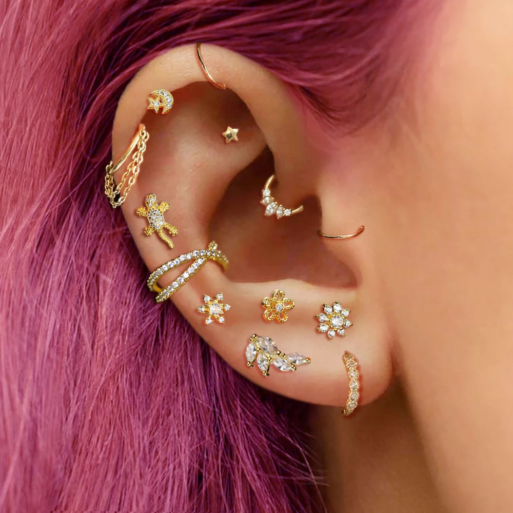 Tragus Snowflake Earrings Conch, Helix, Rook, Lobe, Zircon, Cartilage