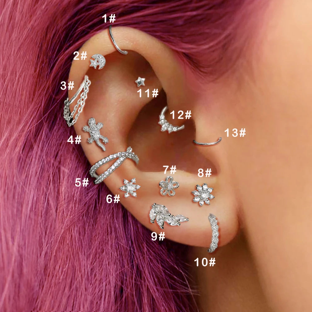 Tragus Snowflake Earrings Conch, Helix, Rook, Lobe, Zircon, Cartilage