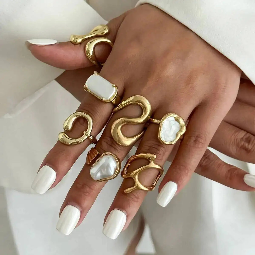 7Pcs/set Punk Geometric Rings Pearl