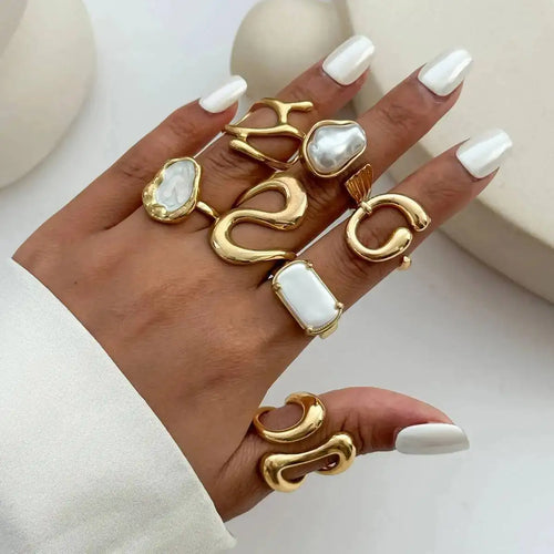 7Pcs/set Punk Geometric Rings Pearl